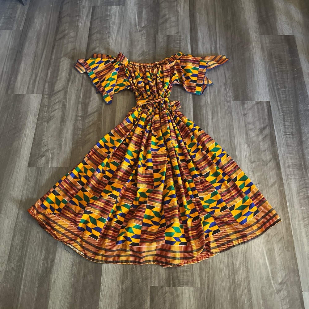 Source Unknown Orange, Yellow, Green, Blue Geometric Midi Dress